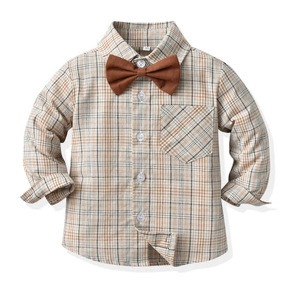Boy Autumn Cotton Long Sleeve Plaid Shirt and Strap Pants Set Boys' Strap Pants Set Boy Red Pants and Shirts for 70cm-160cm