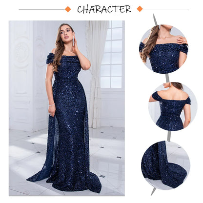 Navy Blue Slash Neck Off Shoulder Prom Gown Sequin Detachable Train Mermaid Evening Party Dresses Cocktail Dress 2025