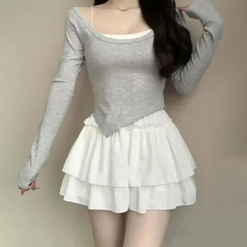 Pleated A-Line Skirt Women White Ruffle Sweet Tierred Pretty Style Skirt Elastic Waist Summer Slim Basic Korean Harajuku Dress