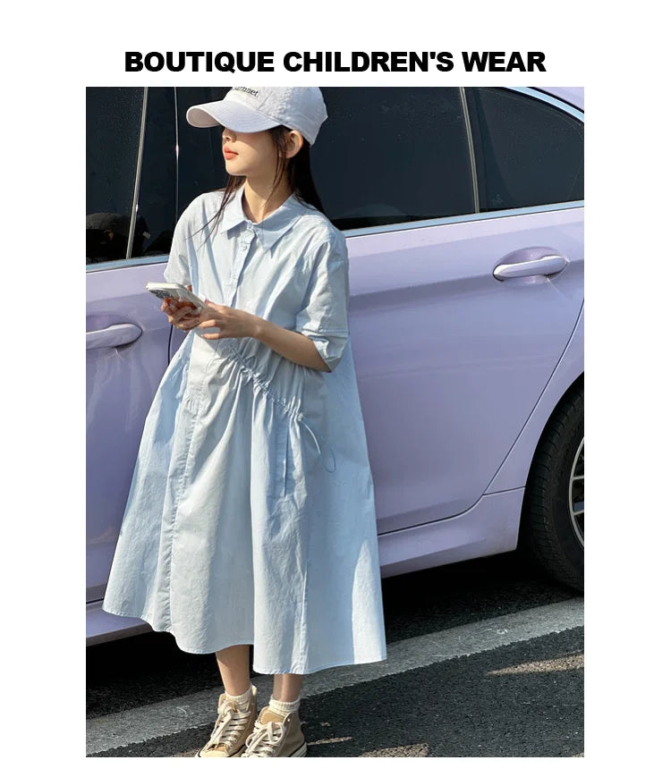 Girls' Dress Short Sleeve Fluffy High-End School Style Medium to Large Sizes Trendy Fashionable, Lightweight