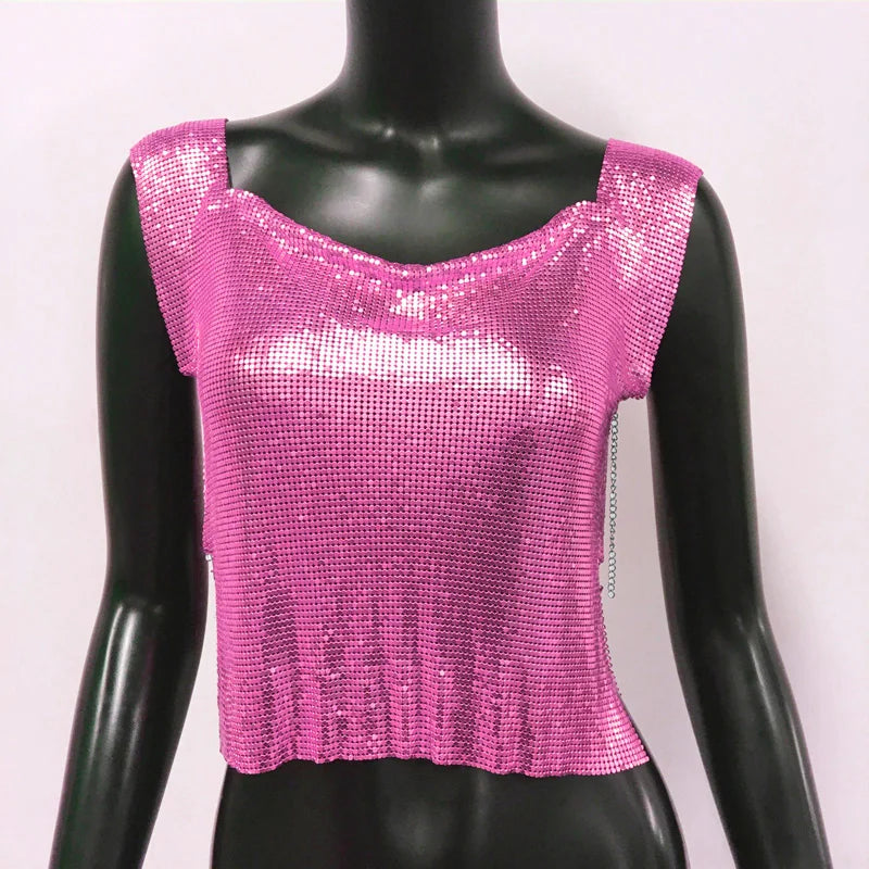 Women Metal Sequins Crop Tops Sexy Hollow Out Sleeveless Backless Y2k Tank Tops Nightclub Party Rave Festival Camisole 2023 New