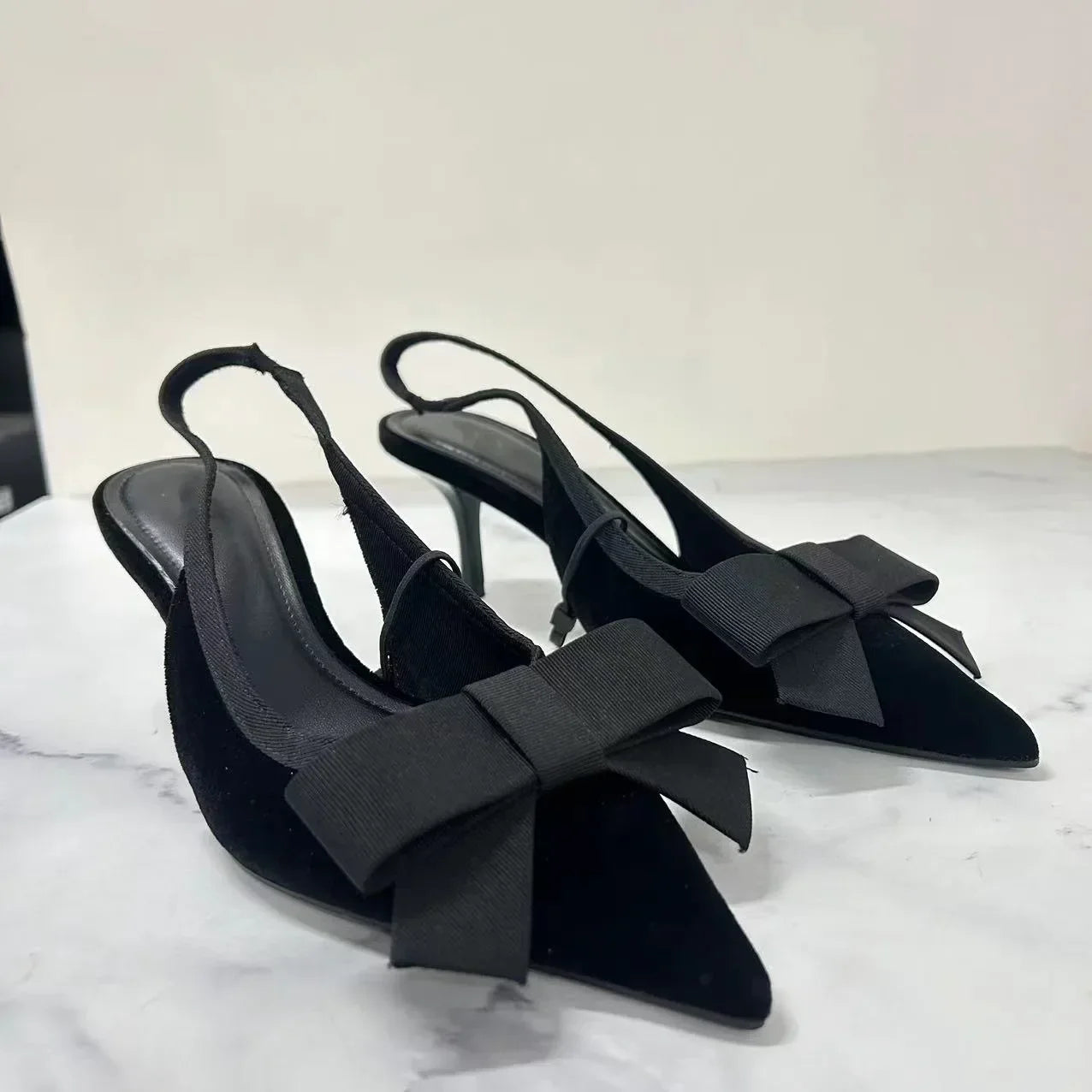 Black Velvet Butterfly-knot Designer Heeled Sandals Women Sexy Pointed Toe Slingbacks Women Pumps Elegant Party Dress High Heels