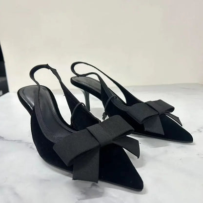 Black Velvet Butterfly-knot Designer Heeled Sandals Women Sexy Pointed Toe Slingbacks Women Pumps Elegant Party Dress High Heels