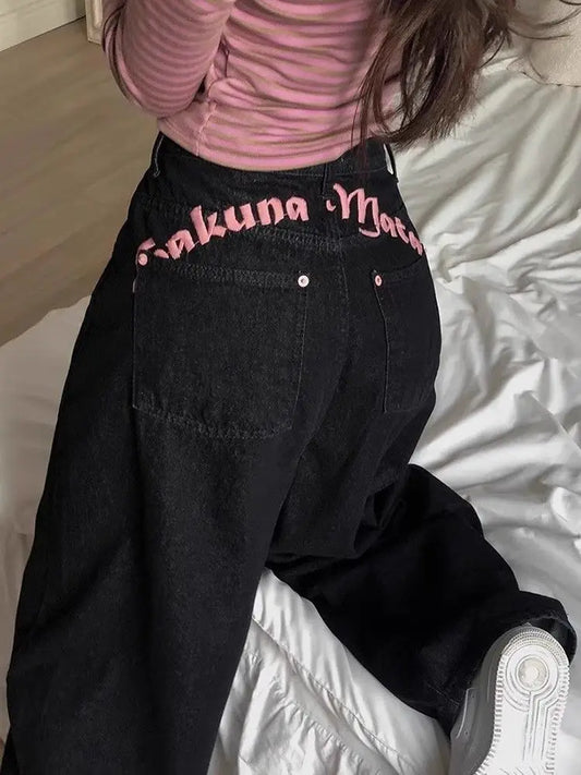 Women's Sweet Casual Full Length Baggy Denim Trouser Retro Emo Harajuku Loose Jeans Letter Embroidery High Waist Y2K 2000s Pants