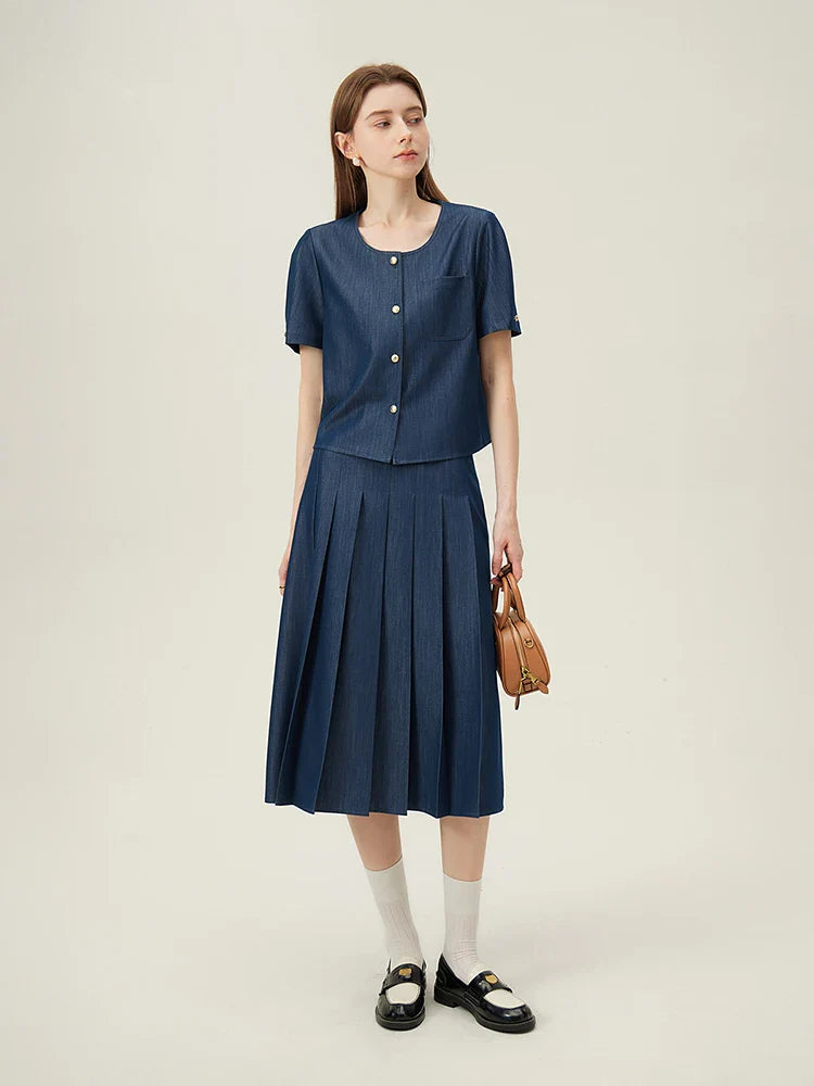 2025 New Arrival Women Zipper Waist Office Lady Elegant Grey Skirt Pleated Design Navy Blue Color Long Skirt Daily Outfits
