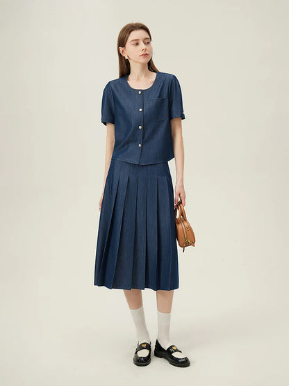 2025 New Arrival Women Zipper Waist Office Lady Elegant Grey Skirt Pleated Design Navy Blue Color Long Skirt Daily Outfits