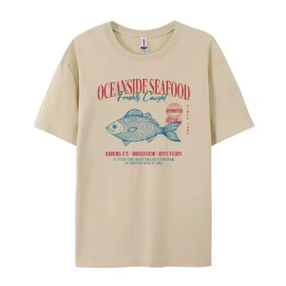 Summer American Street Ins Personalized Seafood Graphic T-shirts Fashion Y2K Aesthetic Street Clothing Short-sleeved Loose Tops