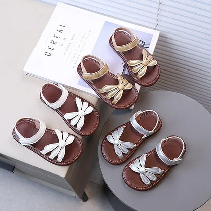 Girls Sandals Hook&loop Kids Beach Shoes Soild Color Versatile 2025 Summer Girls Princess Shoes Retro Sweet Flowers Korean Style