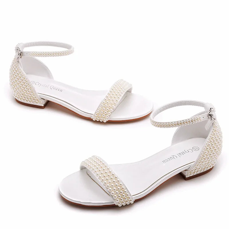 Summer new 2-cm square-heeled silk ribbon pearl rhinestone low-heeled wedding shoes beaded lace-up flat large-size women sandals