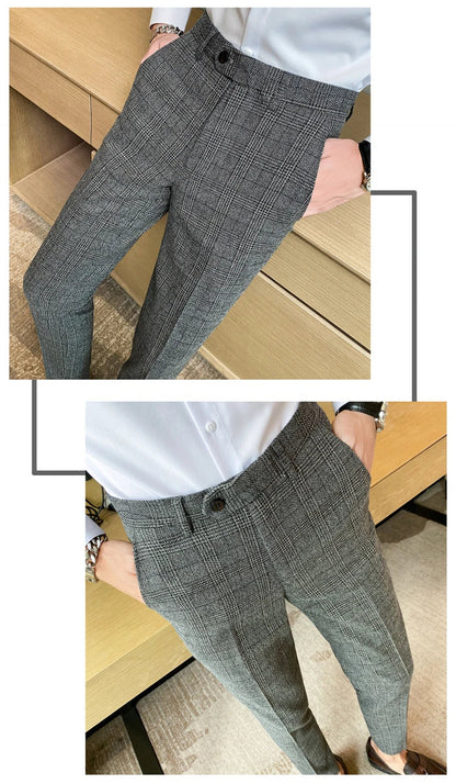 Boutique Classic Plaid and Striped Fashion Men's Casual Business Slim Suit Pants Groom Wedding Dress Trousers Party