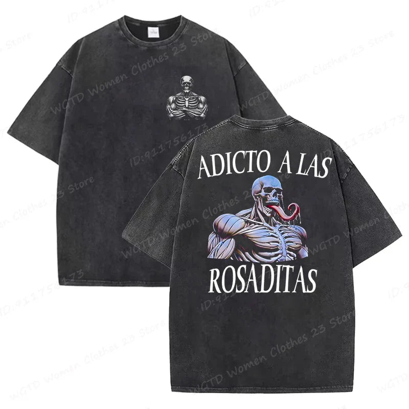 Calacas Chidas Gym Washed T-Shirts Men's Trendy Cool Skeleton & Gym Print Oversized Tshirt Summer Tees Streetwear Casual Tops