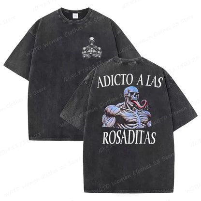 Calacas Chidas Gym Washed T-Shirts Men's Trendy Cool Skeleton & Gym Print Oversized Tshirt Summer Tees Streetwear Casual Tops