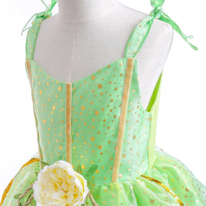 Elf Movie Tinker Bell Girls Play Fairy Dress Green Suspender Skirt With Wings and Flower Christmas Gift for Girls