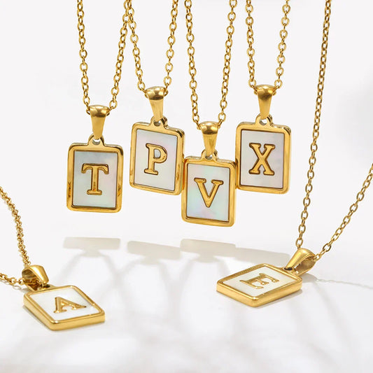 Minimalist Mother of Pearl Shell Stainless Steel Tarnish Free Initial Necklace Gold Plated Letter Necklace for Women