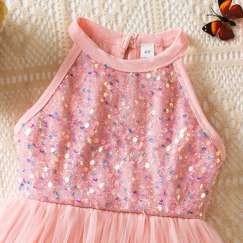Girl Party Princess Dress Summer Sequin Tulle Dress Elegant Party Red/Pink/White Dresses 3-7Y for Wedding Birthday Holiday Gift