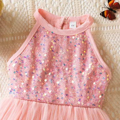 Girl Party Princess Dress Summer Sequin Tulle Dress Elegant Party Red/Pink/White Dresses 3-7Y for Wedding Birthday Holiday Gift