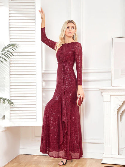 elegant Long Sleeve O-Neck Gold Sequins Evening Dress Luxury 2025 Women Wedding Party Prom Cocktail Dress Vestido
