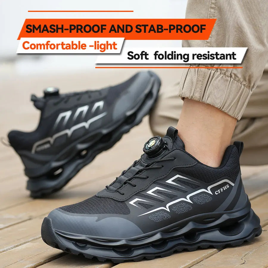 Shock Absorbing Safety Shoes for Men Steel Toe Lightweight Work Boots for Factory & Warehouse Rotary Button Indestructible Shoes