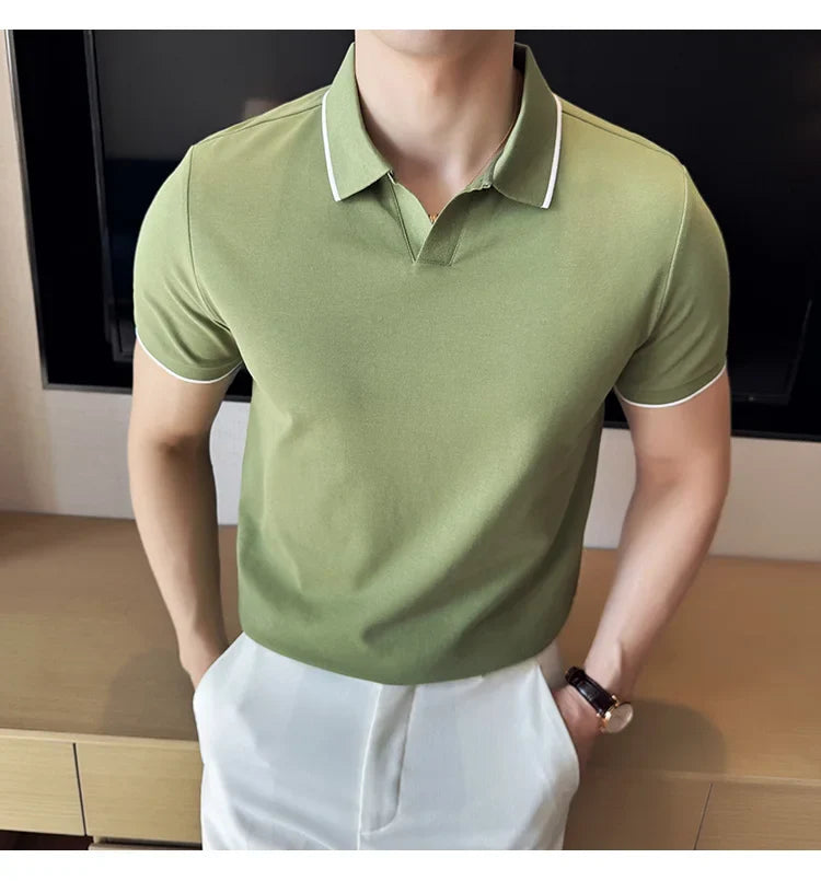 Business Casual Solid Color Men's Polo Shirt, 2024 Summer Classic, Men Short Sleeve V-neck T-shirt, Slim Fit Spliced Polo 4XL-M