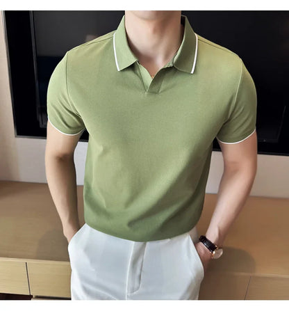 Business Casual Solid Color Men's Polo Shirt, 2024 Summer Classic, Men Short Sleeve V-neck T-shirt, Slim Fit Spliced Polo 4XL-M