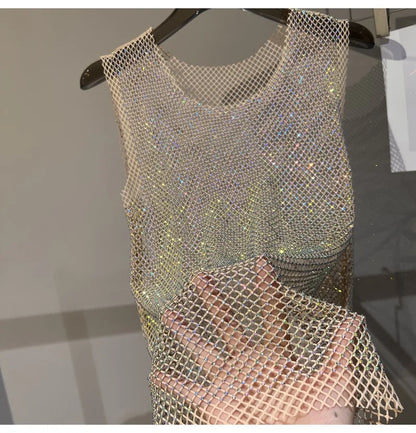 Women&Men Crystal  Rhinestones Shiny Sexy Y2K Tank Tops High Quality Party Club Sexy See Through Mesh Hollow Out Diamond shirt