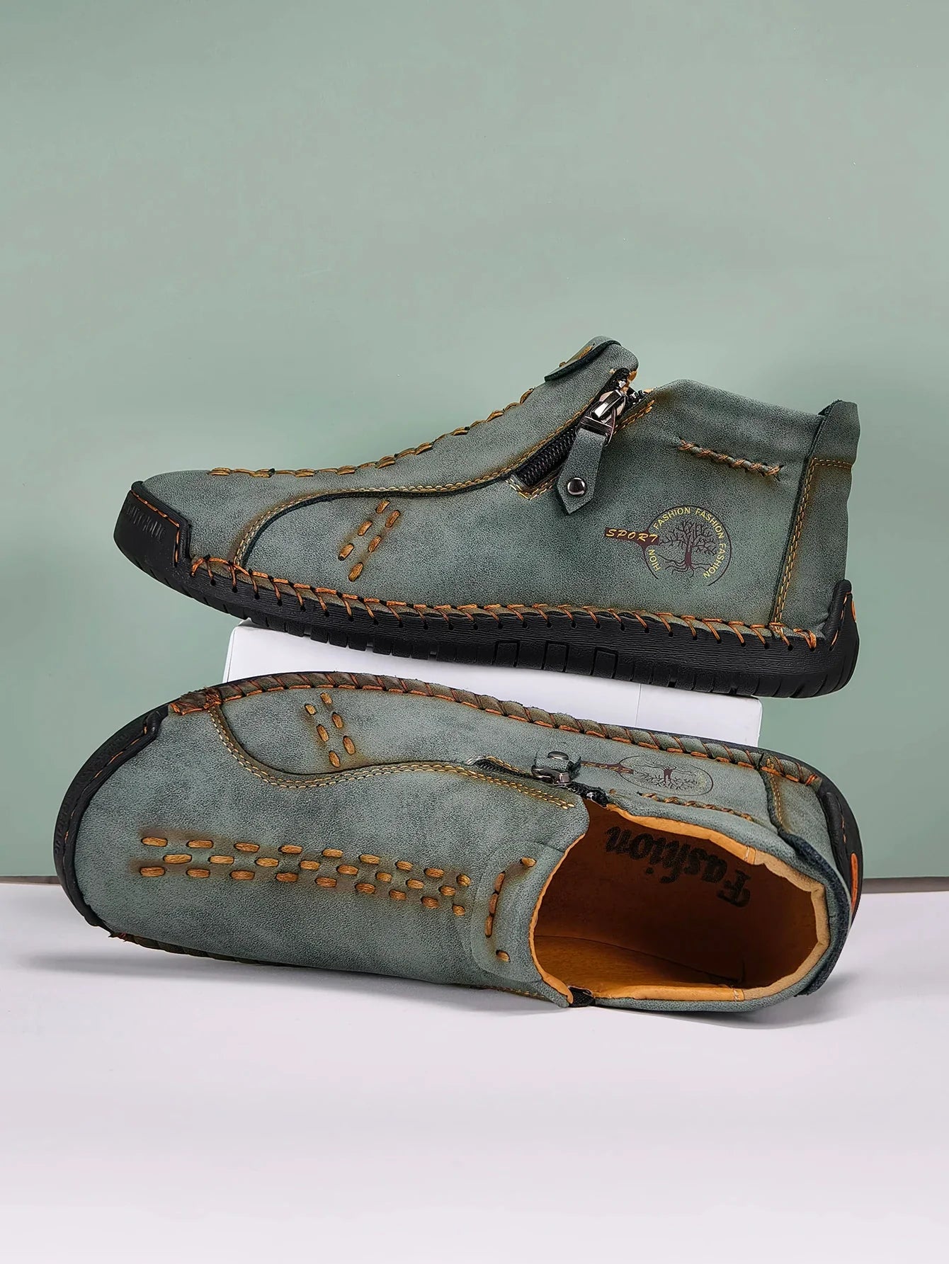 Sapatos Masculinos Clássicos de Couro Feitos à Mão, Design com Zíper, Tênis Esportivos para o Ar Livre, Sapatos Casuais Respiráveis com Elástico, Botas Masculinas de Couro no Tornozelo