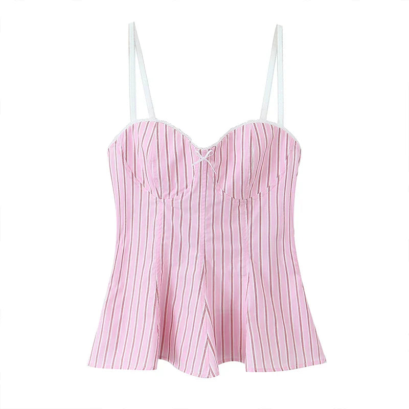 Women Fashion With Bow Striped Backless Side Zipper Tops Vintage Thin Straps V-Neck Female Chic Lady Camis