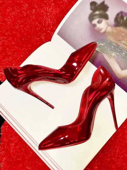 Curved edge shallow mouth gradient red12cm high heels for women,ultra-fine heels,temperament plus size professional single shoes