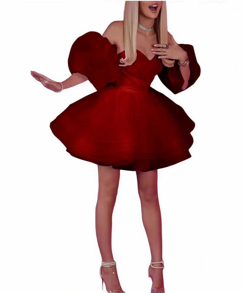Vestidos de baile de cetim e tule ombro a ombro para festa, vestido de baile curto de coração, vestido de baile com mangas bufantes em linha A