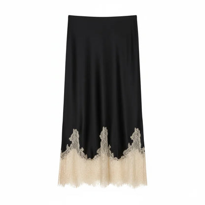 Women Lace Patchwork Midi Skirt Slim High Waist Satin Skirts Summer Trend Woman Elegant Evening Party Chic Skirts ﻿Mujer