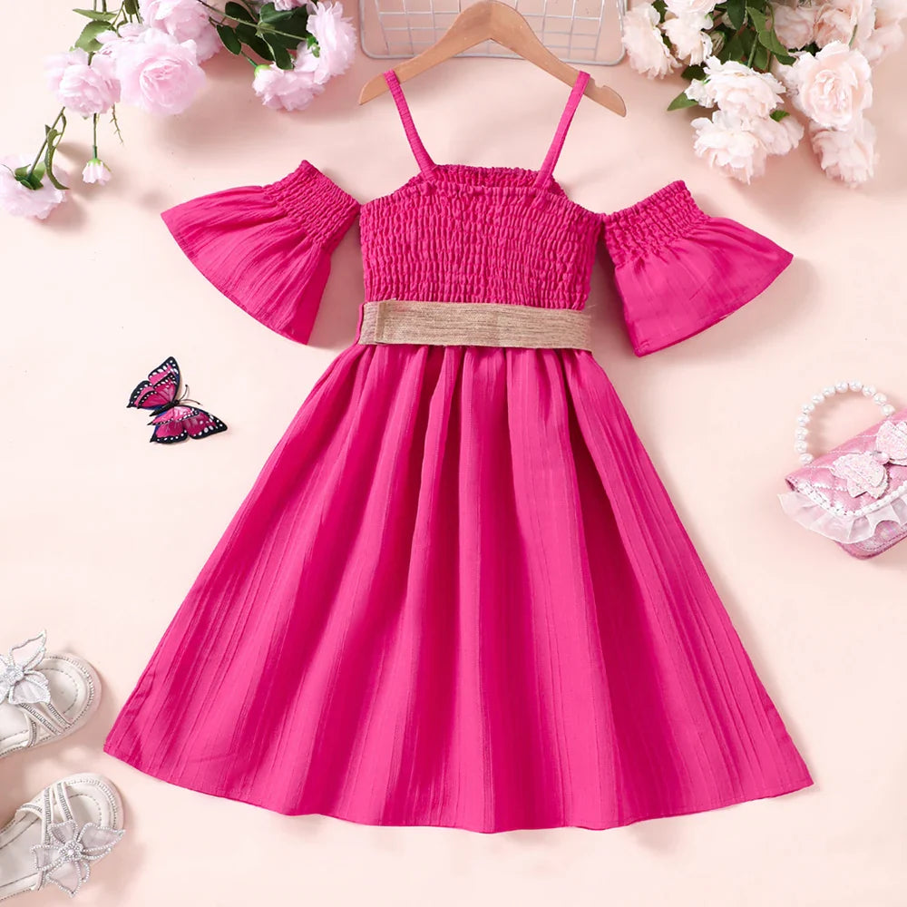 Vestido Feminino de Verão Ombro a Ombro Cinto Cor Sólida