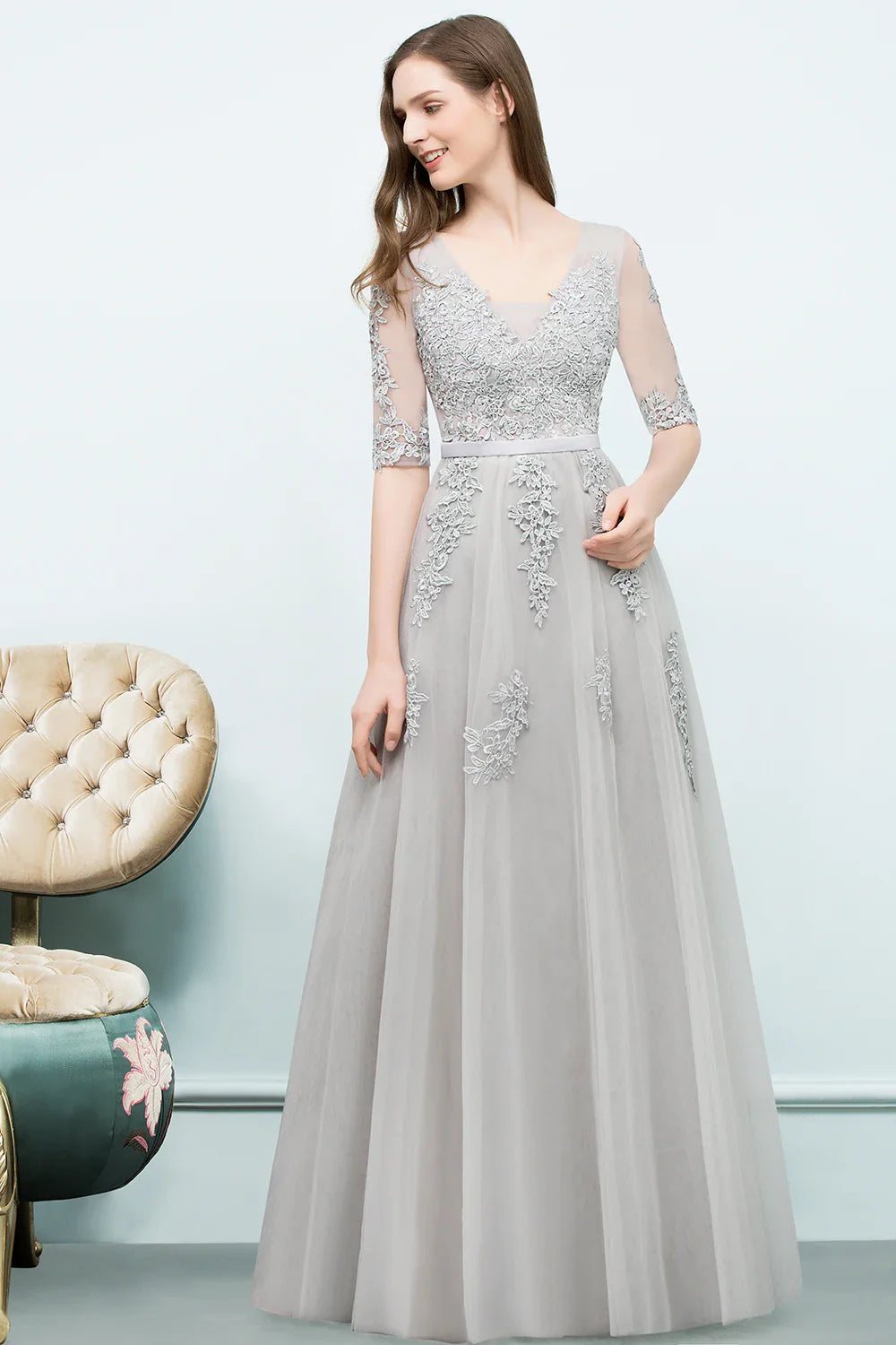 Sliver Evening Dress with Sheer Sleeves & Floral Embroidery, Elegant A-Line Gown with V-Back for Wedding Party