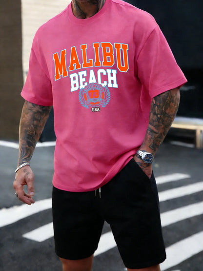 Malibu Beach 73 Usa Printing T-Shirt Mens Cotton T Shirts O-Neck Summer Basics Clothes Casual Trendy All-Match Short Sleeve