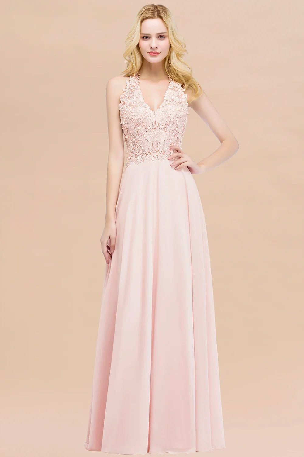 BABYONLINE V-Neckline Lace Pearls Beadings Stones Bodice Prom Dress Sexy Open Back Chiffon A-line Skirt Formal Formal Ball Gown