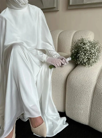 Modest White Muslim Wedding Dresses with Cape Customized Bride Dress Elegant Long Sleeves Woman Bride Civil Bridal Gowns