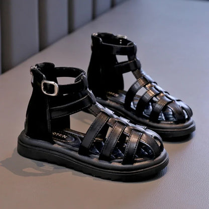 British Style Children's Sandals Girl 2024 Summer Kids Hollow-out Beach Shoes Fashion Causal Girls High-top Simple Roman Sandals