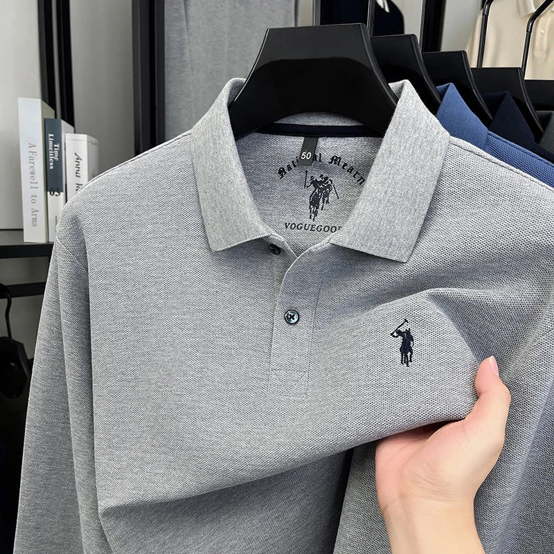 2025 New Cotton Long Sleeved T-shirt for Men, High End Embroidered Little Horse Logo Fashion Autumn/Winter Polo Top