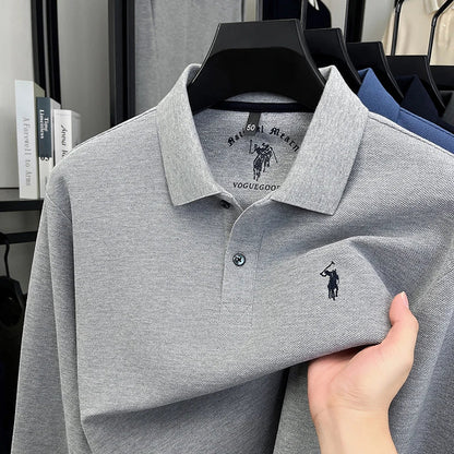 2025 New Cotton Long Sleeved T-shirt for Men, High End Embroidered Little Horse Logo Fashion Autumn/Winter Polo Top