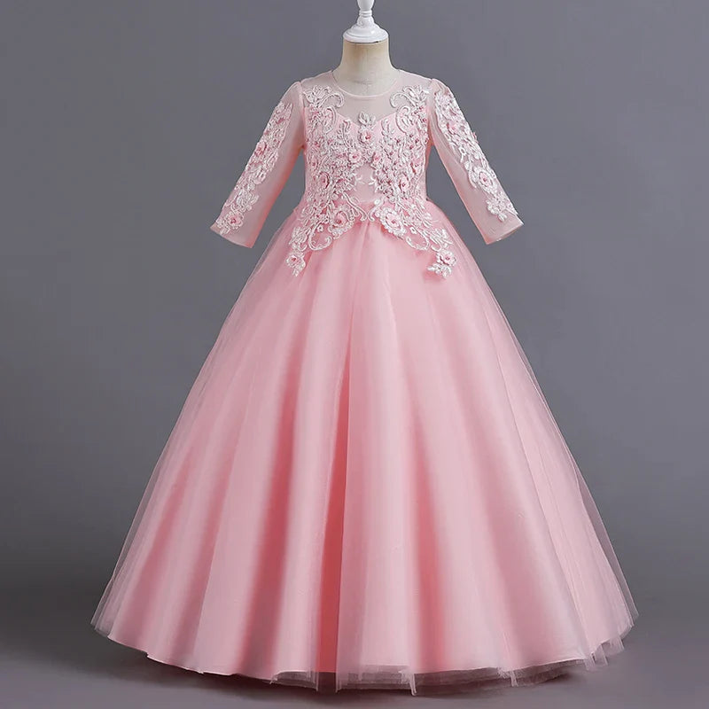 New Slim short sleeve fashion girls dress 3-12 years old Fluffy white wedding Sweet Princess dress lace