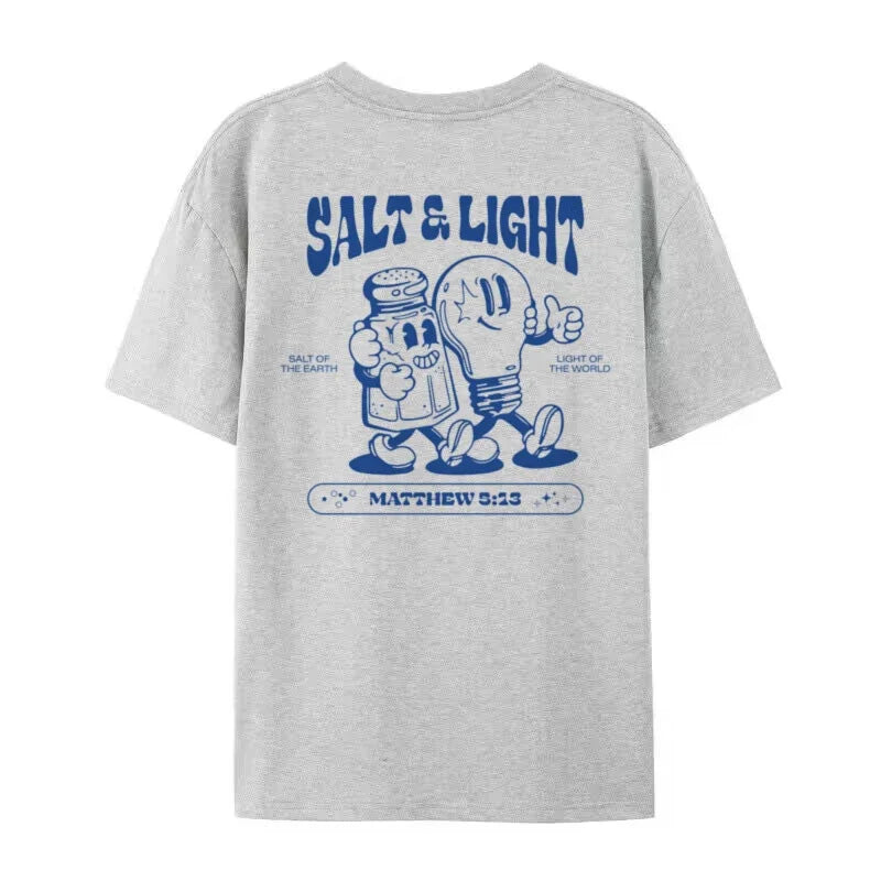 Salt Light Funny Bible Verse T-Shirts Back Print Retro Streetwear Graphic Tees Women Men Christian T Shirt Jesus Faith Top Gifts