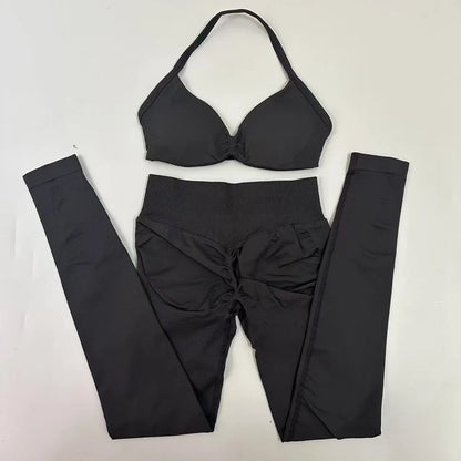2pcs Seamless Yoga Set Women Yoga Scrunch Leggings Set Strappy Halter Sports Bra Fitness Gym Clothing Workout Set