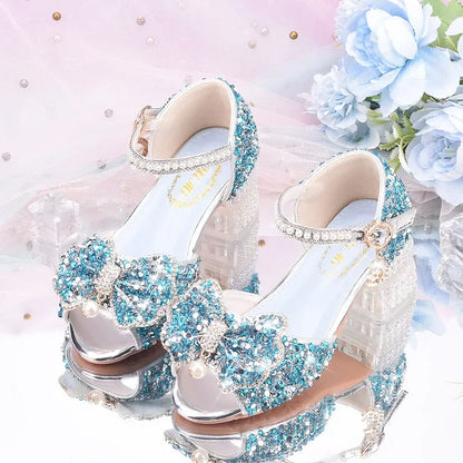 2025 Summer Girls' Princess Shoes Fashion Sequin Bow Soft Bottom Children's Sandals Girls' Performance Pearl Crystal High Heels