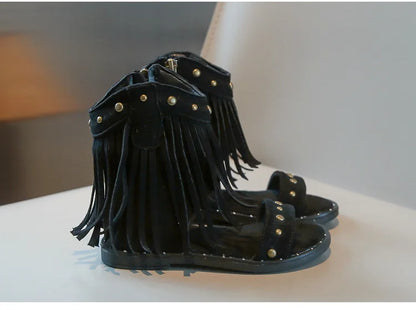 One-strap Summer Roman Shoes for Girls Tassel Rivets High-top Sandals Little Girl Soft Sole Bohemian Dress Shoes Child I06133