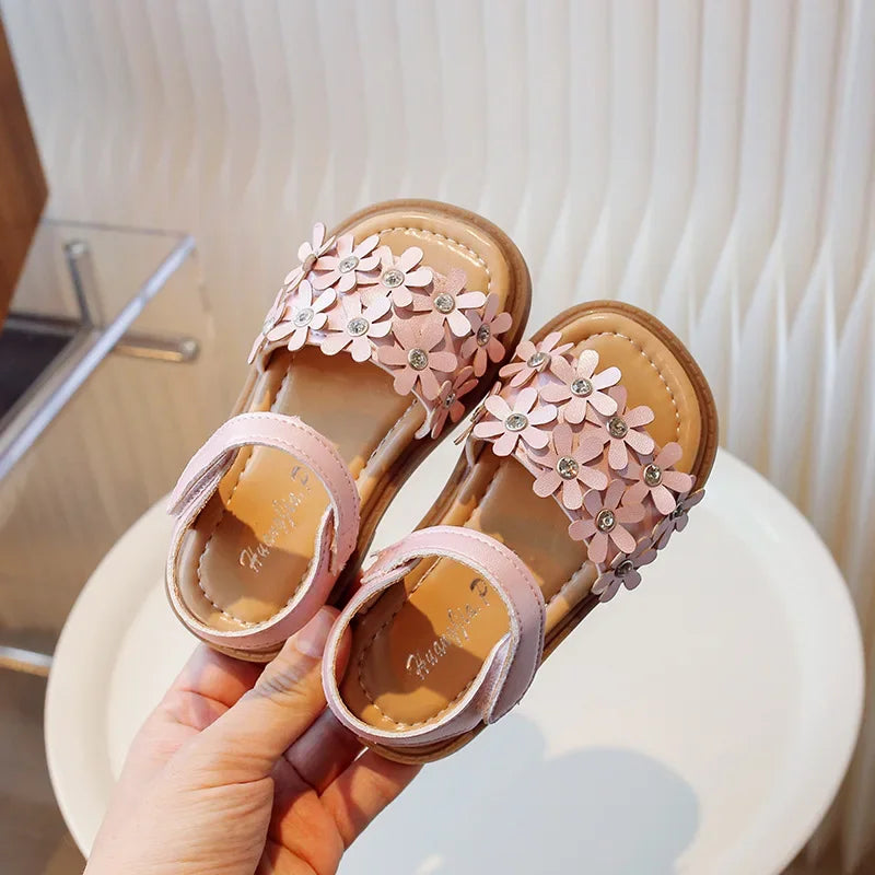 Little Girls Floral Bohemian Sandals with Beads Princess Sweet Kids Summer Shoes Open Toes Anti-skid Size 22-31Hook & Loop Cute