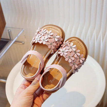 Little Girls Floral Bohemian Sandals with Beads Princess Sweet Kids Summer Shoes Open Toes Anti-skid Size 22-31Hook & Loop Cute