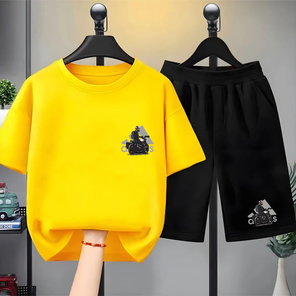 Kids black Summer Leisure Short Sleeve T-shirts+shorts Suits 3-12 Years Boys Girls Casual Outfits Children 2pcs Brand Clothes