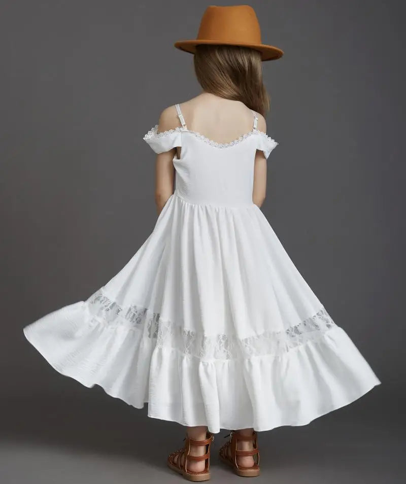 New Summer Strap Ruffle Girls Solid Color Slip Floor Long Dress Baby Kids Evening Party Dress Cloting for 4 6 7 8 10 12 Year