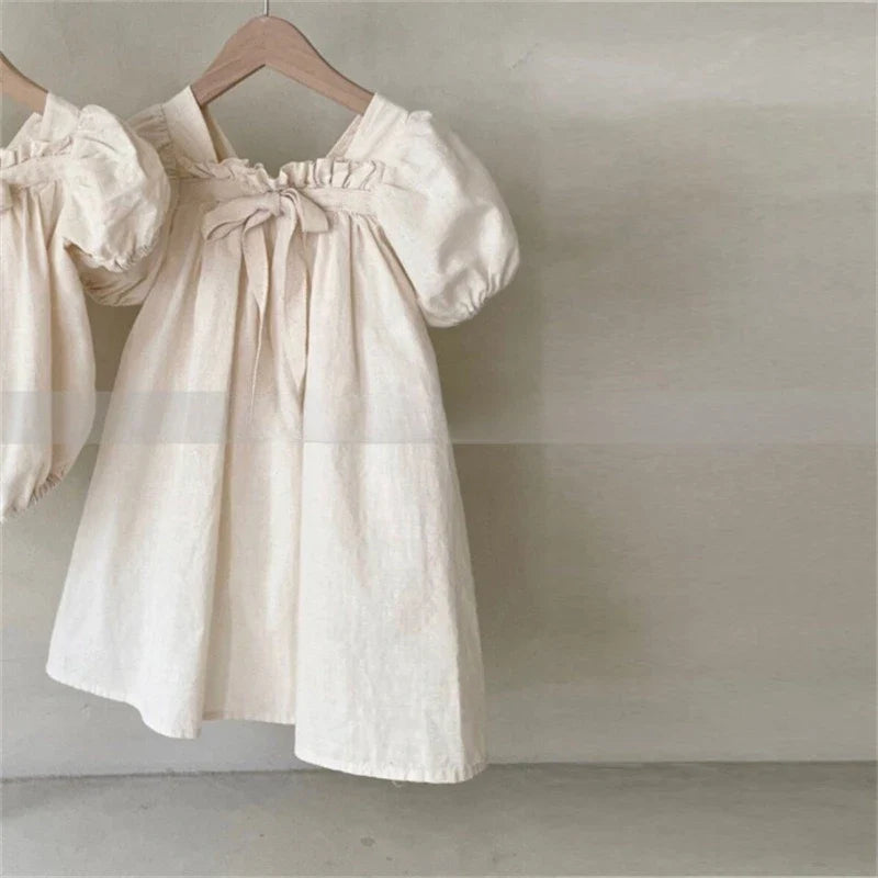 Summer Doll Skirt Girl Baby Bow Bubble Sleeve Princess Dress Floral Square Neck Dress