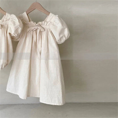 Summer Doll Skirt Girl Baby Bow Bubble Sleeve Princess Dress Floral Square Neck Dress
