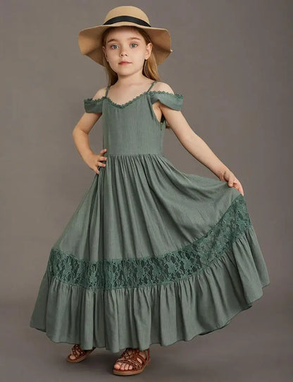 New Summer Strap Ruffle Girls Solid Color Slip Floor Long Dress Baby Kids Evening Party Dress Cloting for 4 6 7 8 10 12 Year